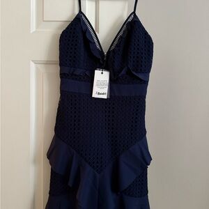 Bardot Navy Blue Sleeveless Dress with Ruffle Details